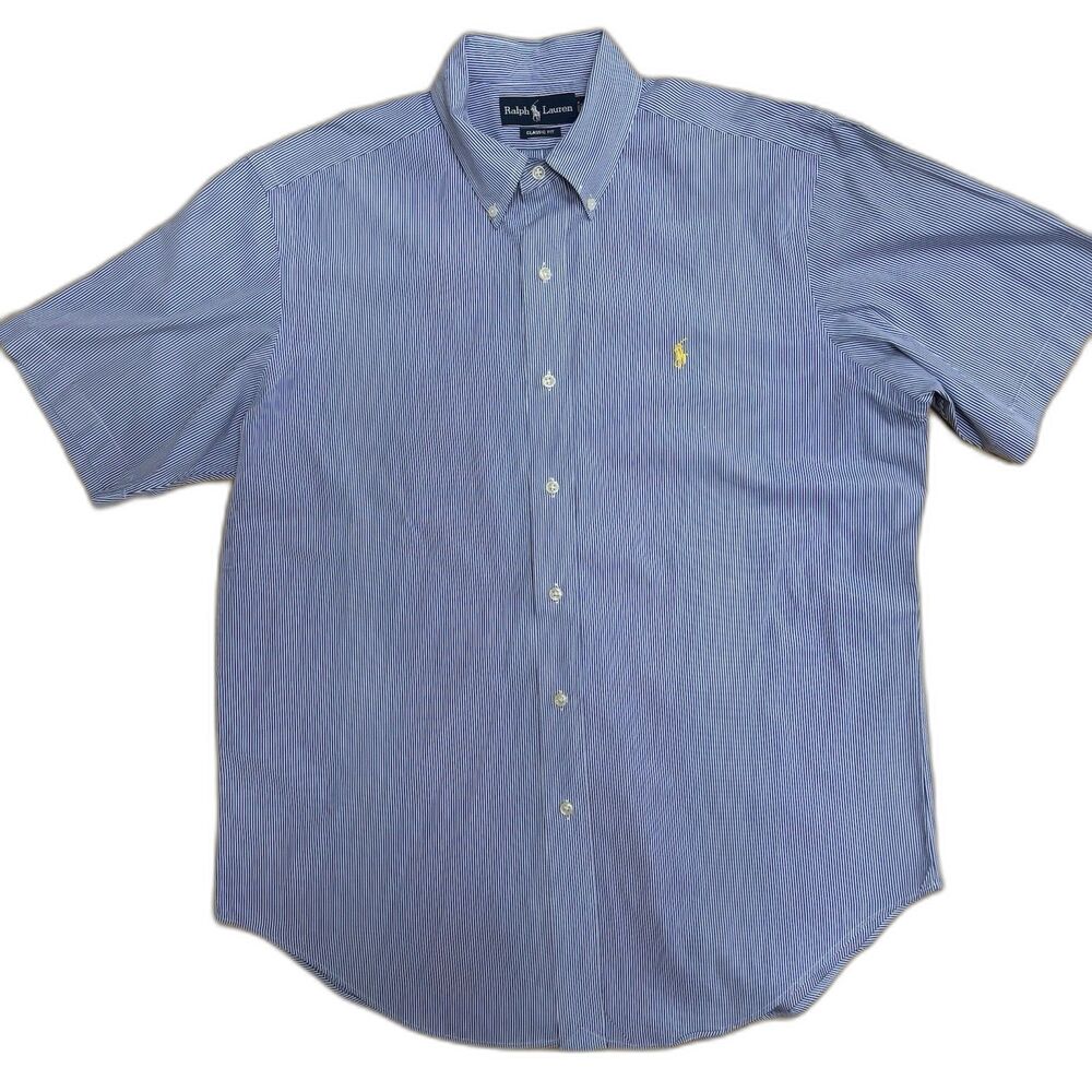 Ralph Lauren Classic Fit Mens Short Sleeve Button Down Shirt Blue Striped Large